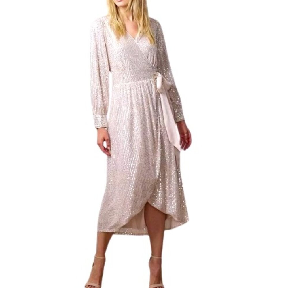 LC Lauren Conrad Womens Midi Modern Faux Wrap Dress Ivory Sequined S NWT